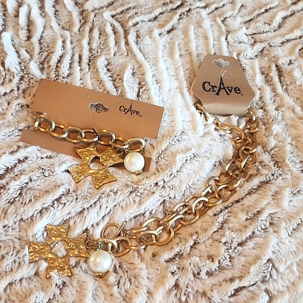 CRAVE Gold & Faux Pearl Heart Cross Necklace and Bracelet Set